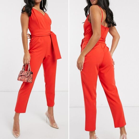 NWT ASOS Wrap Front Peg Leg Jumpsuit With Self Belt Tomato Red Size 8 US 12 UK - Picture 2 of 14